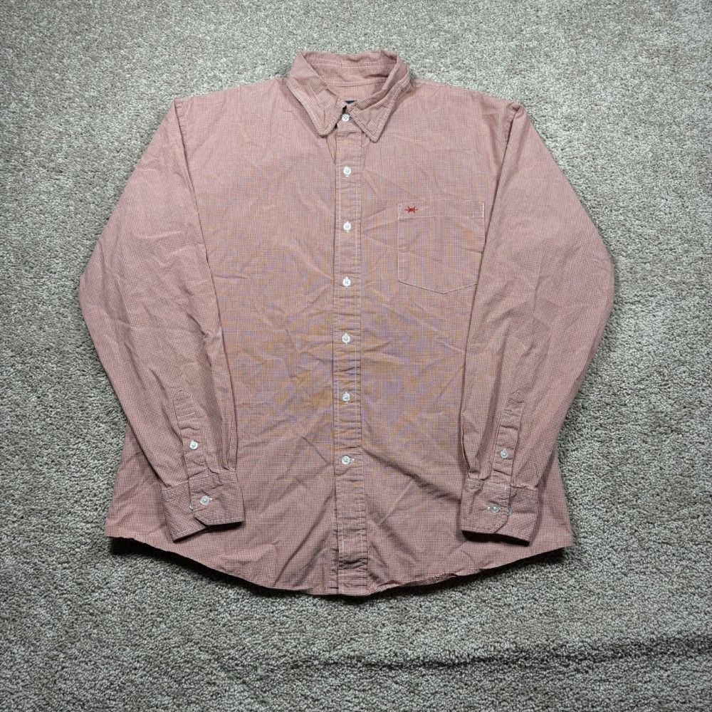 Texas Standard Mens Gingham Button Up Shirt Large Red White Cotton Long Sleeve